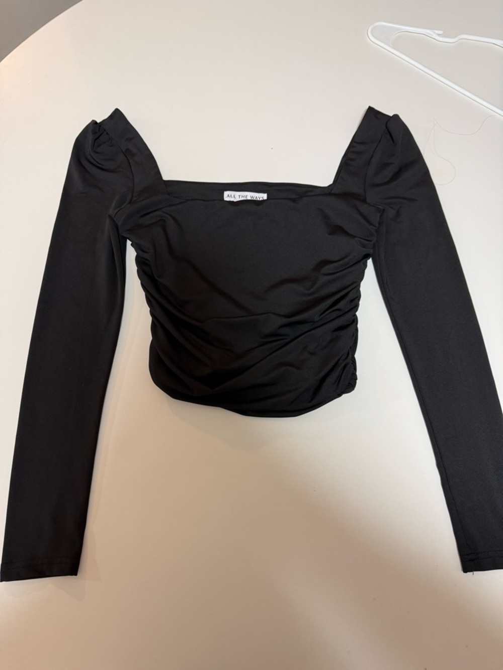 Black Long-Sleeve Ruched Square Neck Top